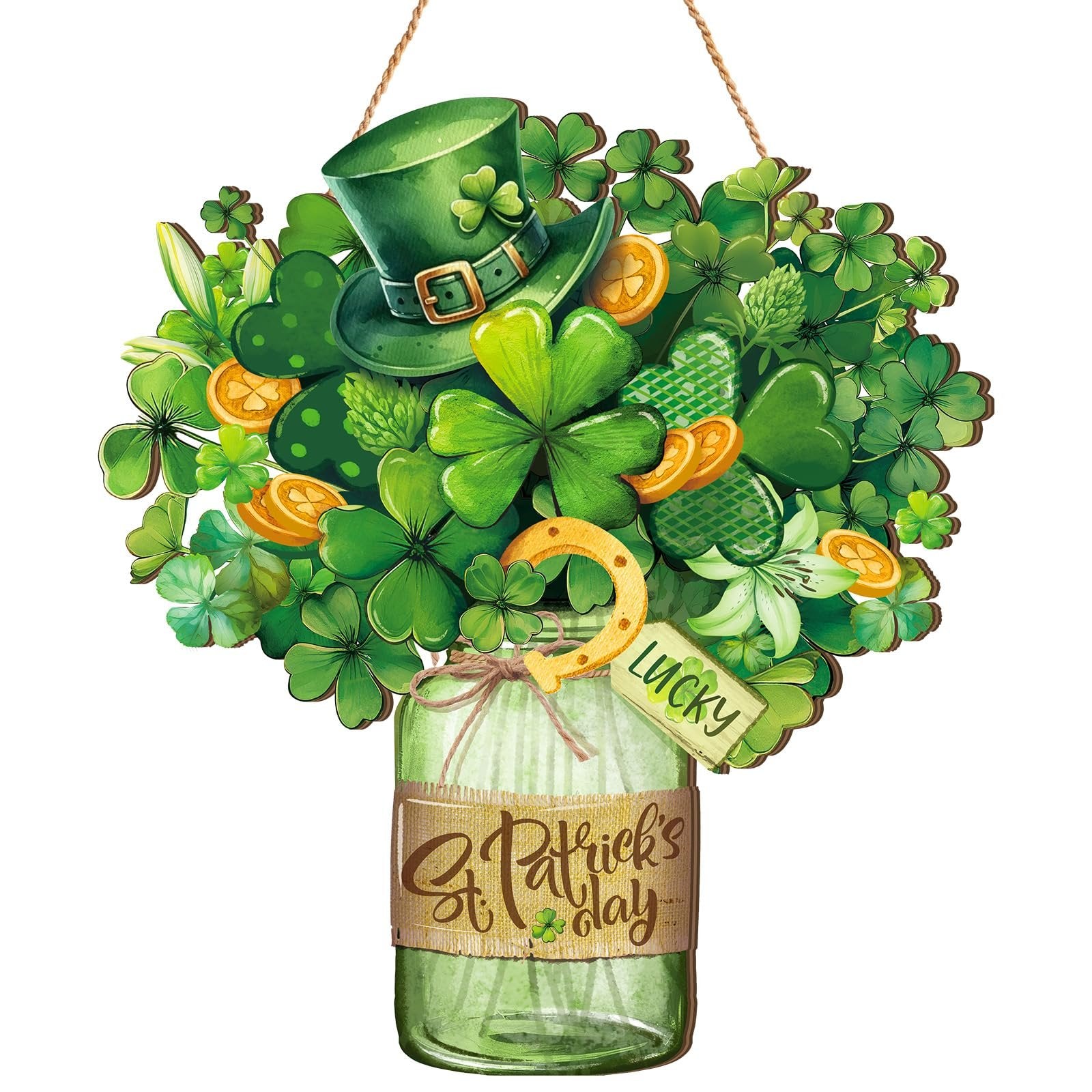 St. Patrick's Day wooden welcome sign shaped like a mason jar filled with shamrocks, a leprechaun hat, and a horseshoe.