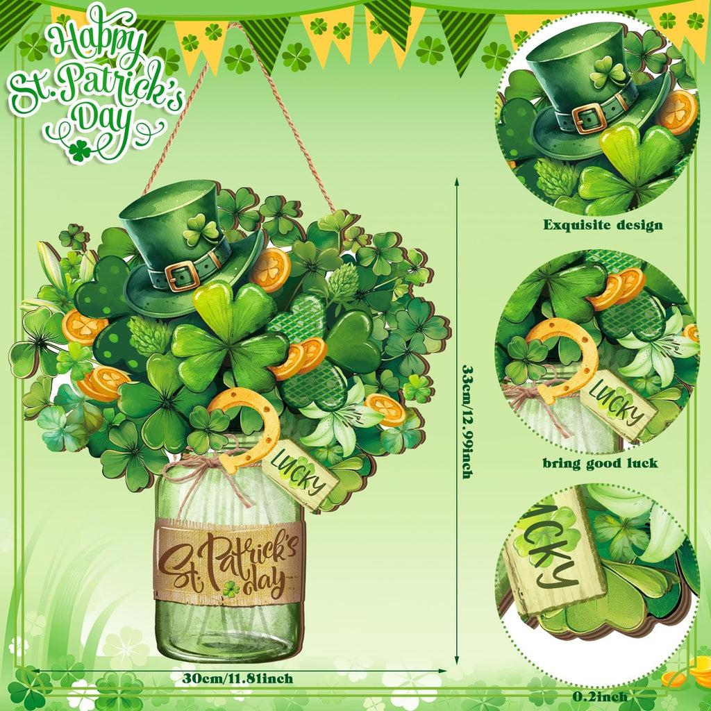 St. Patrick's Day wreath decoration with shamrocks, a green hat, and coins in a glass jar.
