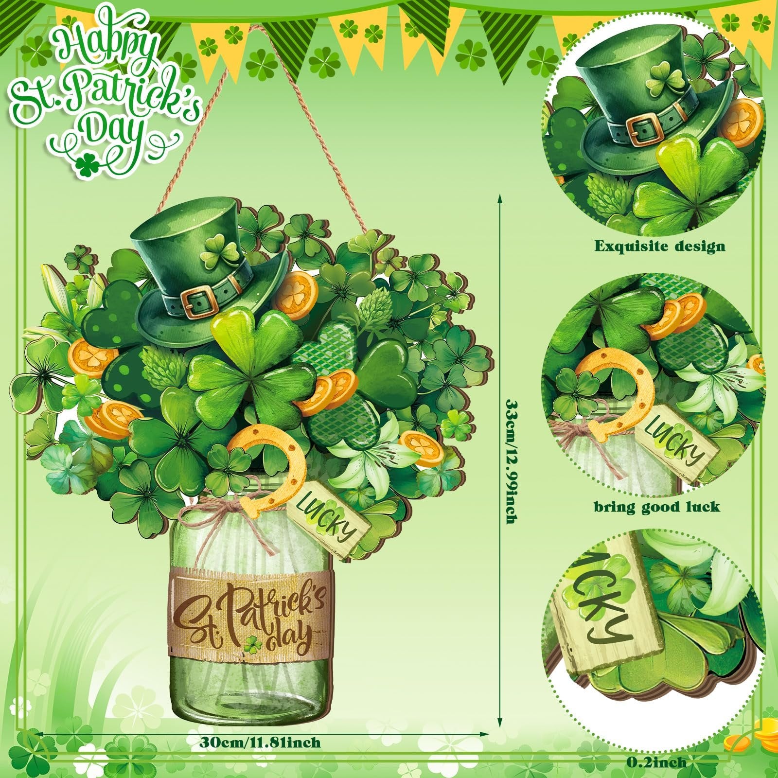 St. Patrick's Day wreath decoration with shamrocks, a green hat, and coins in a glass jar.