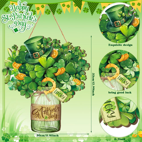 St. Patrick's Day wreath decoration with shamrocks, a green hat, and coins in a glass jar.