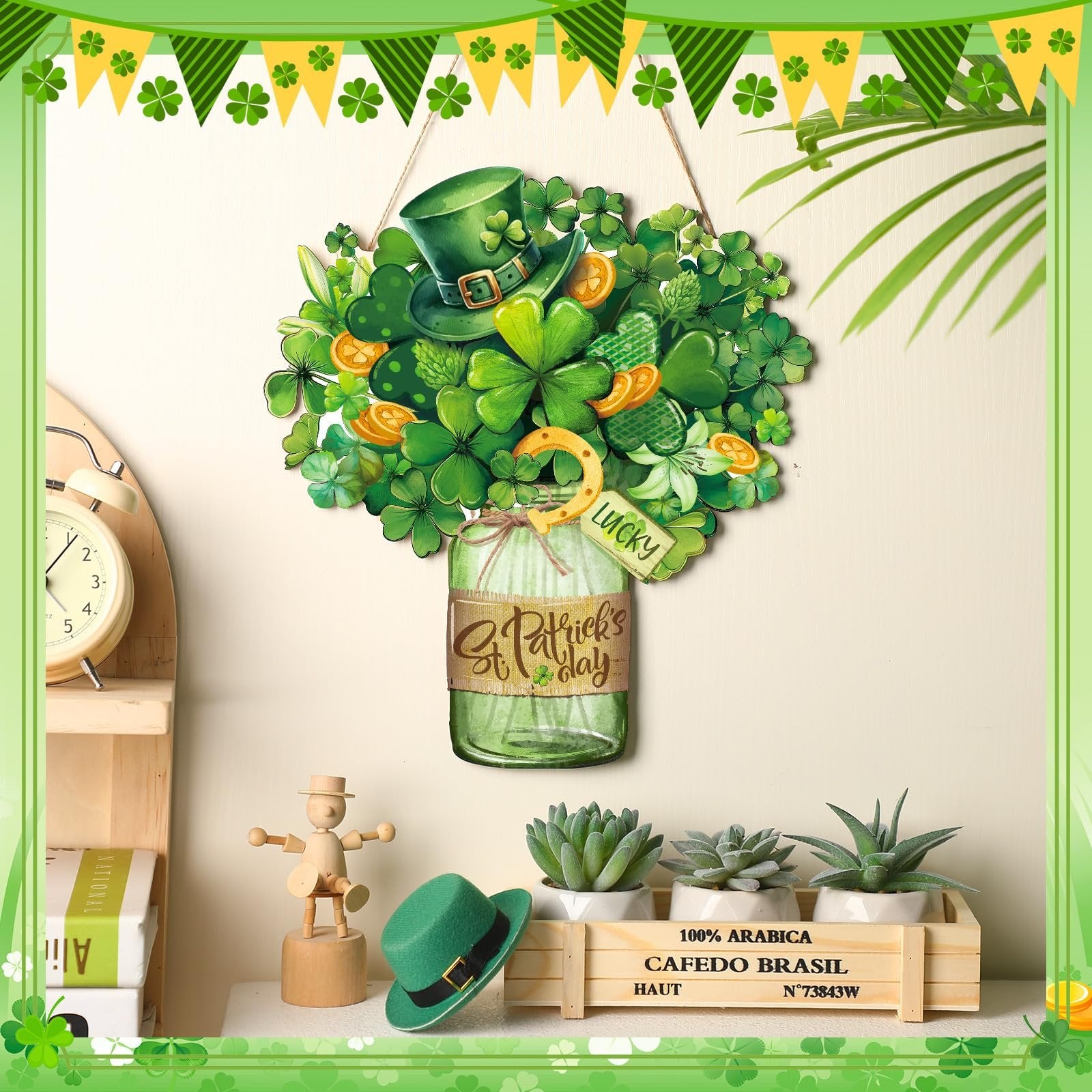 St. Patrick's Day wooden door sign with shamrocks, a leprechaun hat, and a horseshoe hanging on a wall.
