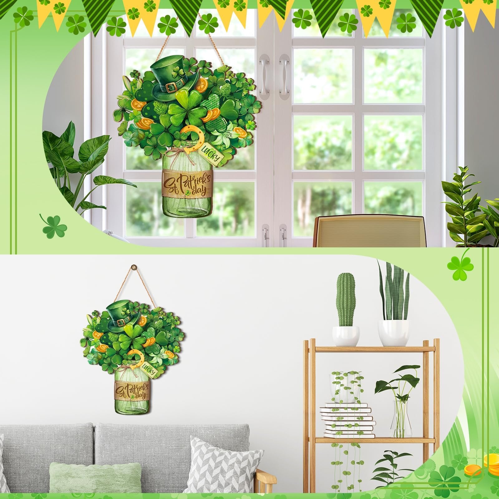 St. Patrick's Day wooden door wreath decoration with shamrocks, hat, coins, and horseshoe hanging on a wall and in a window.