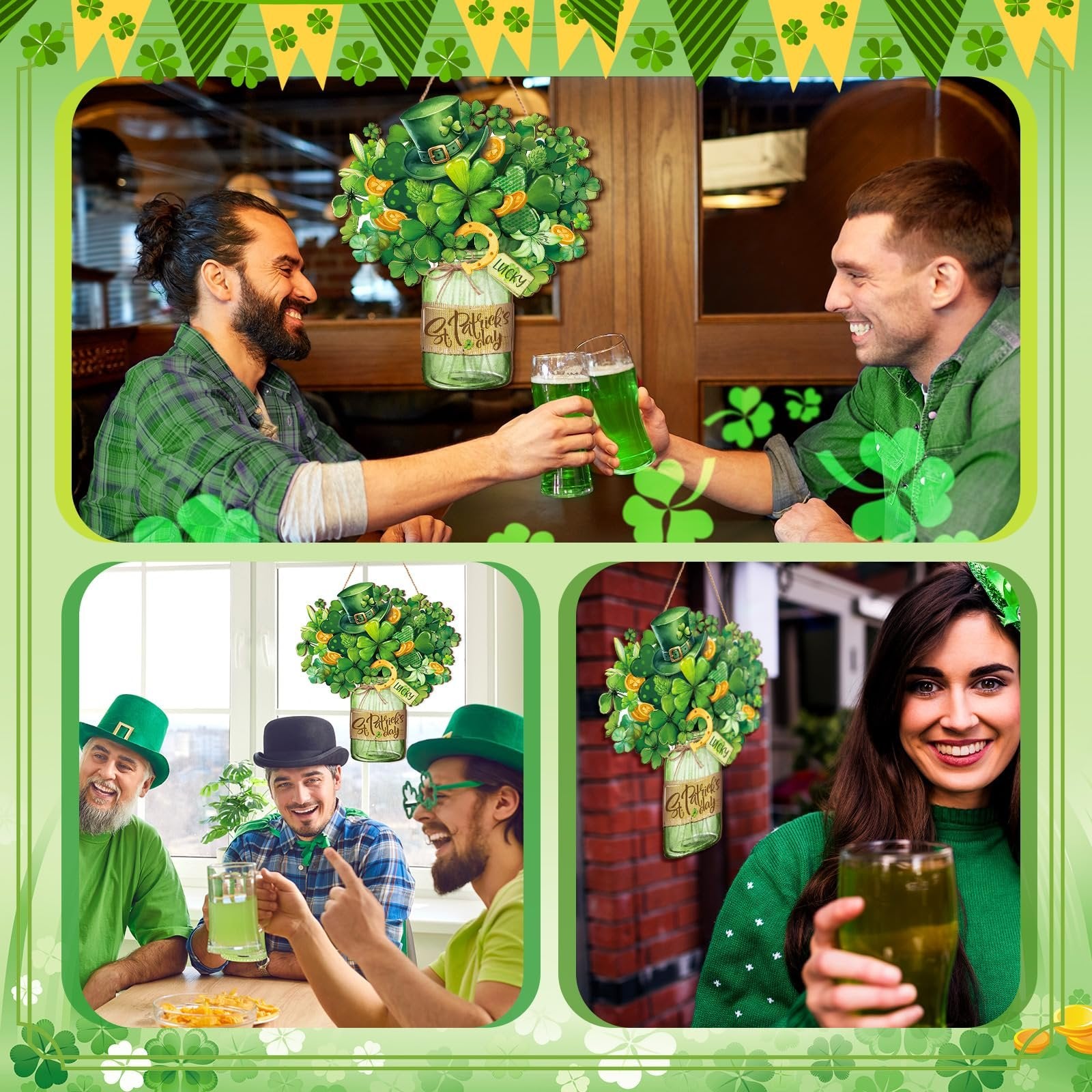 Collage of people celebrating St. Patrick's Day with festive decorations and green drinks.