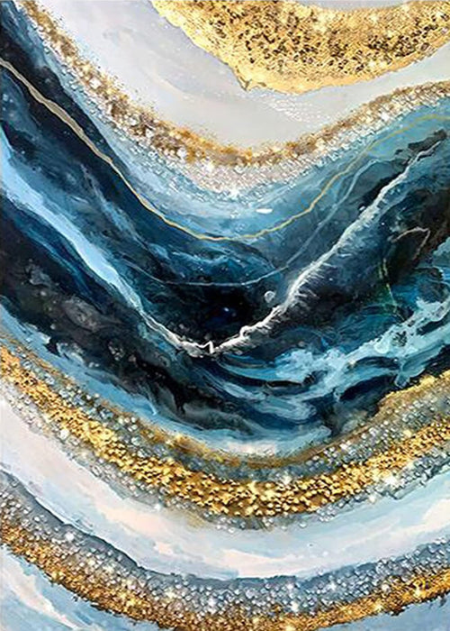 Abstract wave diamond painting canvas with blue, white, and gold glittery textures.