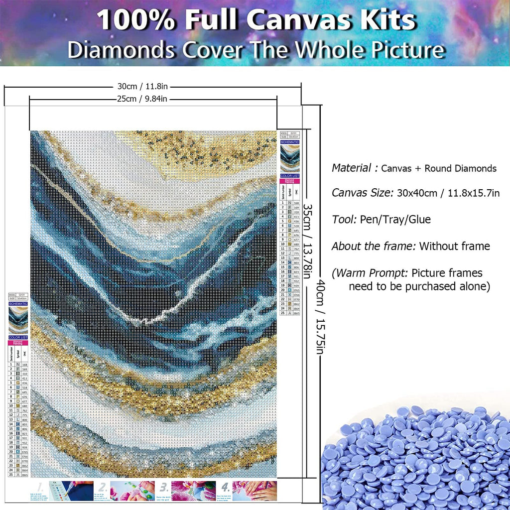 Abstract wave diamond painting kit showing a full canvas with color codes and instructions. Includes canvas, pen, tray, glue, and drills.