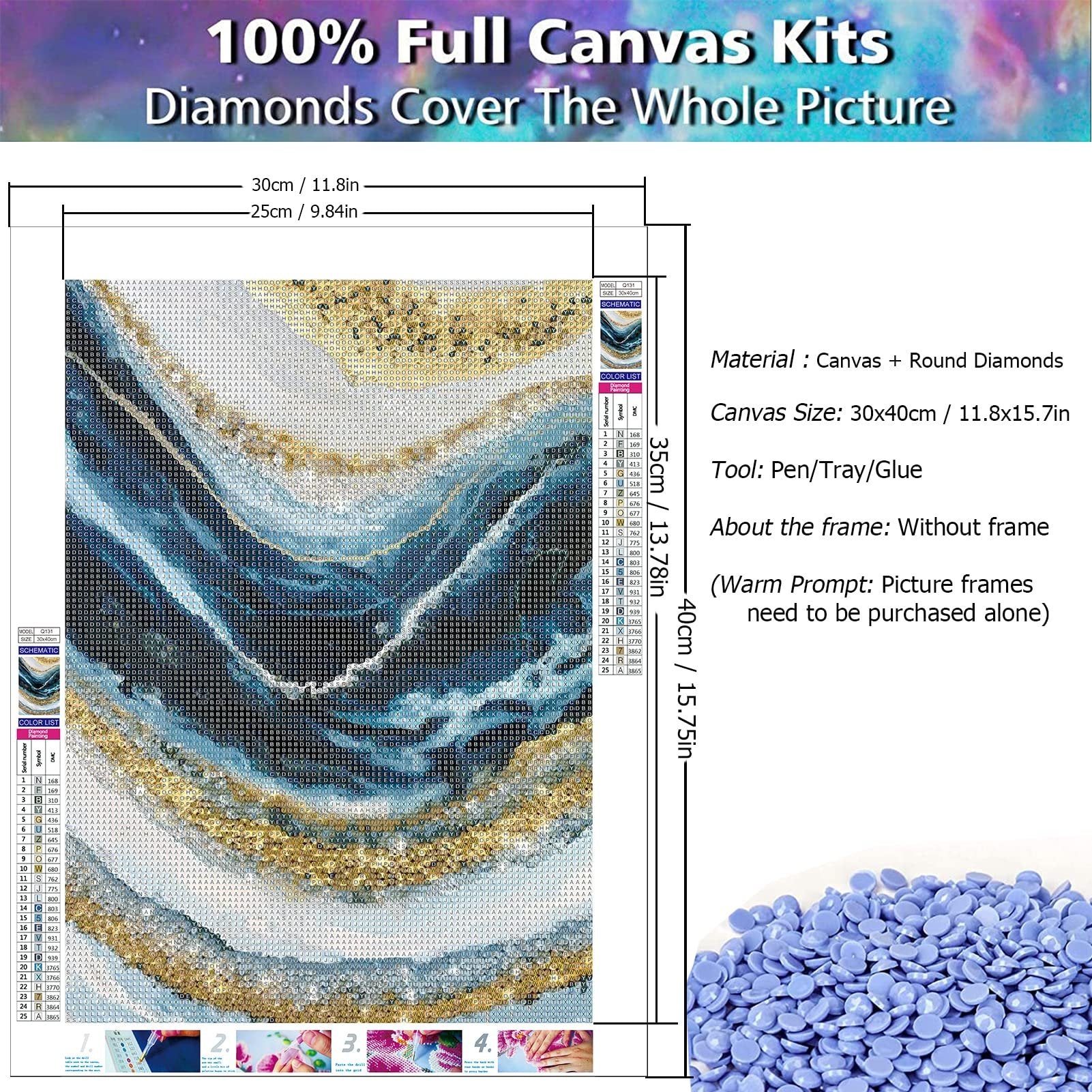 Abstract wave diamond painting kit showing a full canvas with color codes and instructions. Includes canvas, pen, tray, glue, and drills.