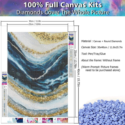 Abstract wave diamond painting kit showing a full canvas with color codes and instructions. Includes canvas, pen, tray, glue, and drills.