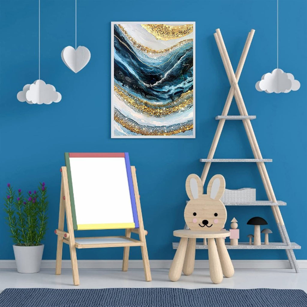 Abstract wave diamond painting artwork in a white frame hanging on a blue wall in a child's room setting.