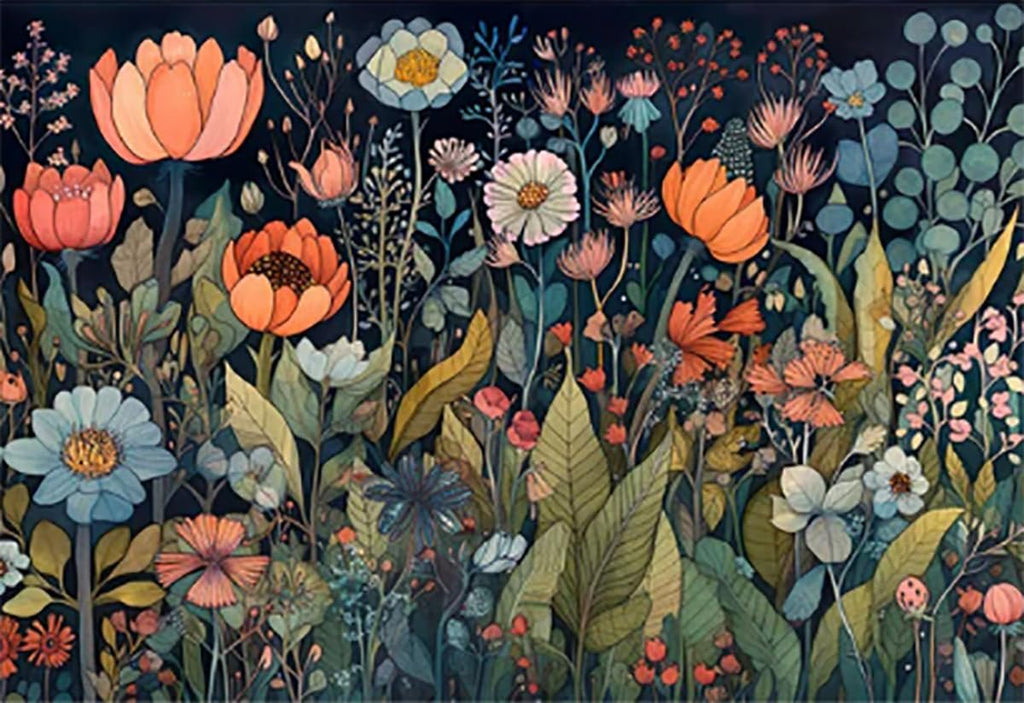 Floral arrangement with various flowers and leaves in shades of orange, blue, pink, and green against a dark background.