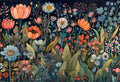 Floral arrangement with various flowers and leaves in shades of orange, blue, pink, and green against a dark background.