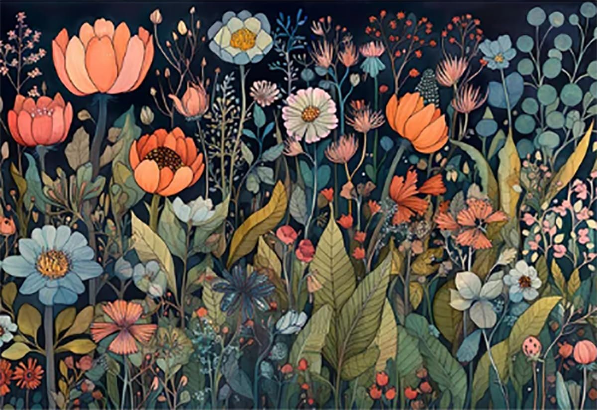 Floral arrangement with various flowers and leaves in shades of orange, blue, pink, and green against a dark background.