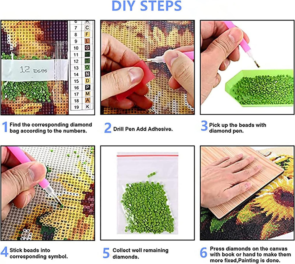 Diamond painting DIY steps montage showing color chart, applying adhesive, picking beads, placing beads, collecting diamonds, and pressing diamonds.