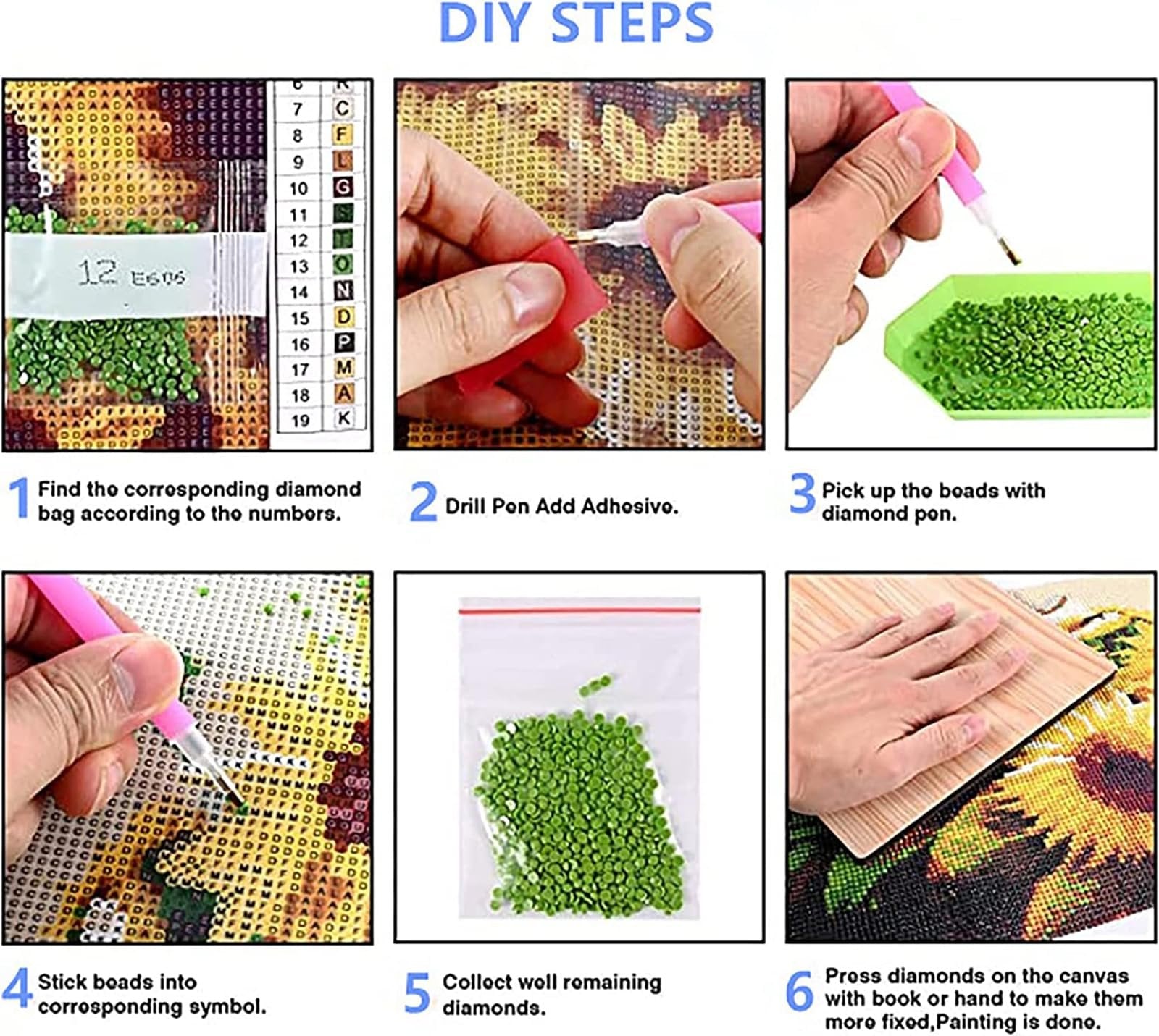 Diamond painting DIY steps montage showing color chart, applying adhesive, picking beads, placing beads, collecting diamonds, and pressing diamonds.