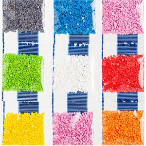 Nine small plastic bags filled with colorful round diamond painting gems, arranged in a 3x3 grid.