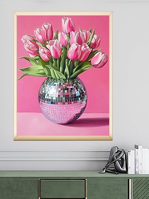 Pink tulips in a disco ball vase on a pink surface, framed artwork