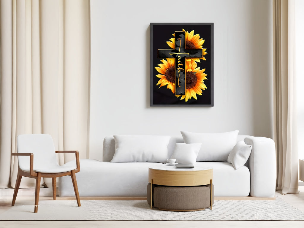 Framed diamond painting of a cross with sunflowers and the word 'faith' hanging on a wall above a sofa.