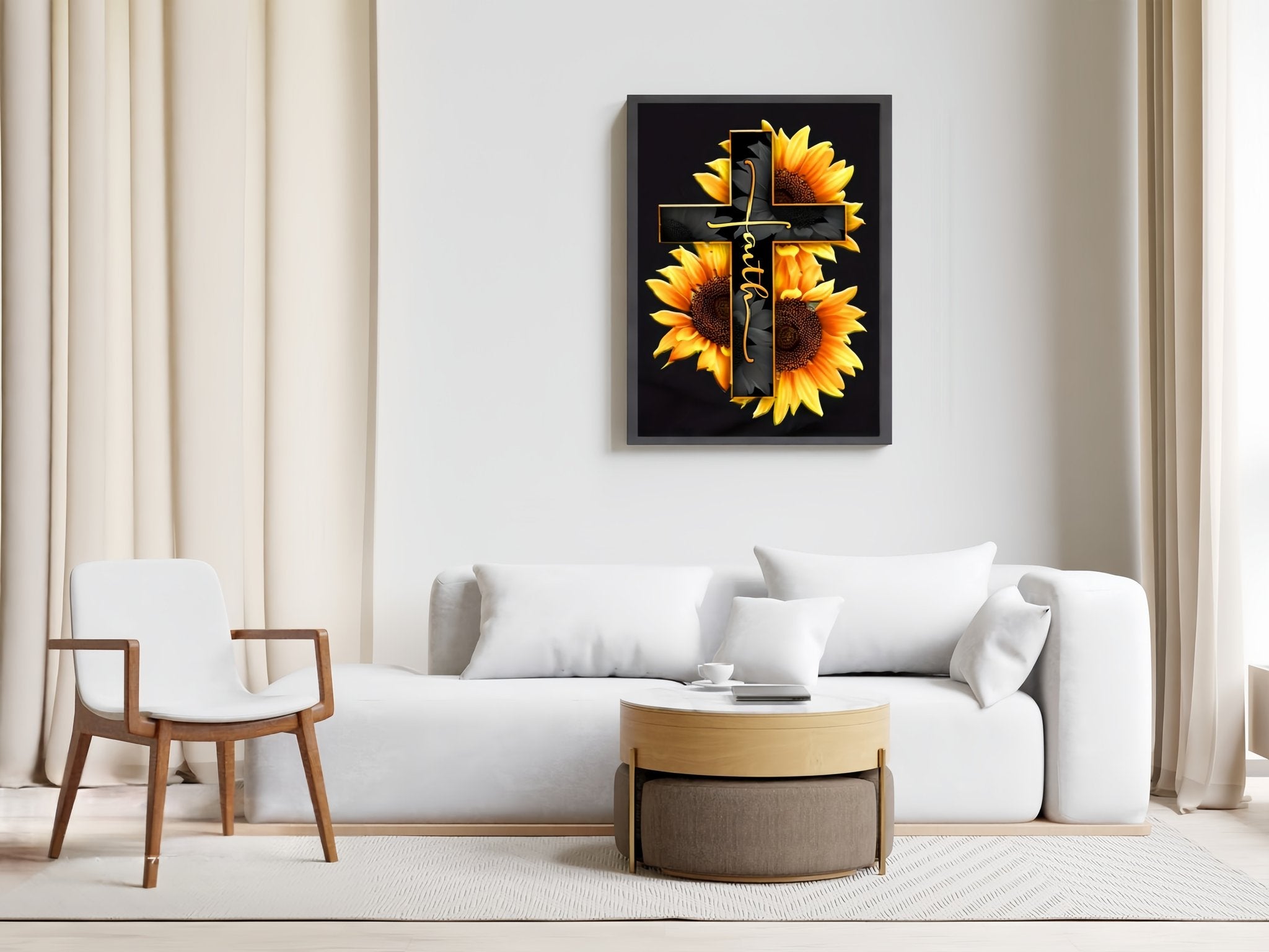 Framed diamond painting of a cross with sunflowers and the word 'faith' hanging on a wall above a sofa.