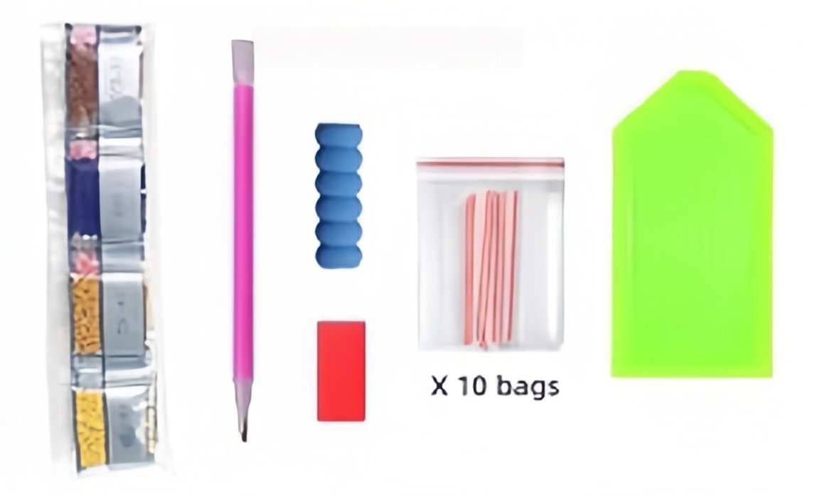 Diamond painting kit contents including diamond bags, pink applicator pen, blue grip, red block, and pink sticks in a bag labeled X 10 bags.