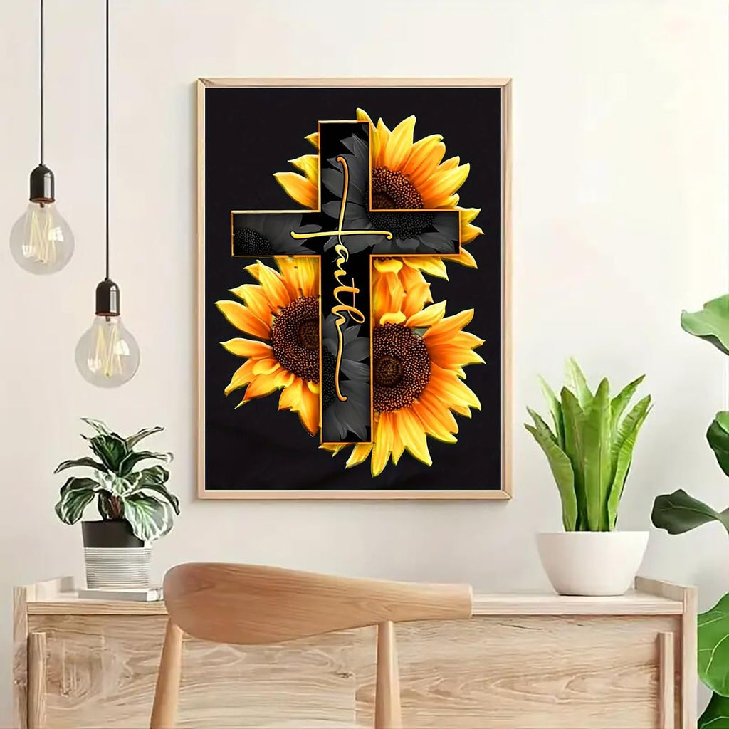 Diamond painting kit featuring a black cross with the word 'faith' in gold, surrounded by sunflowers, displayed in a frame.