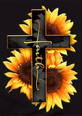 Cross with sunflowers and the word "faith" in gold script, against a black background.
