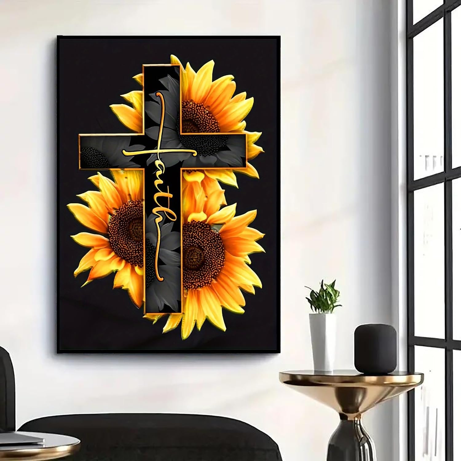 Diamond painting kit featuring sunflowers and a cross with the word 'Faith' in gold script on a black background.