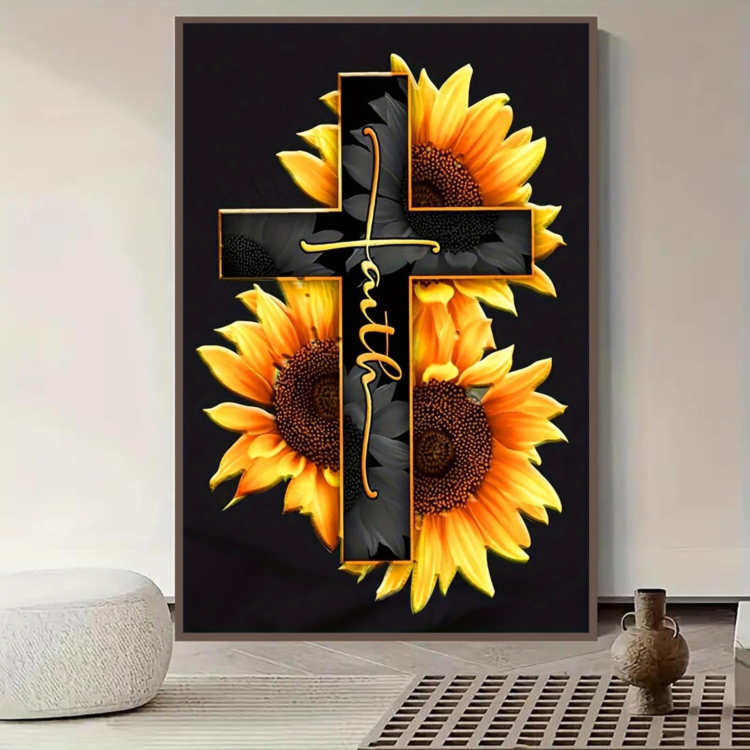 Diamond painting kit featuring a cross with sunflowers and the word 'Faith' in gold lettering on a black background.