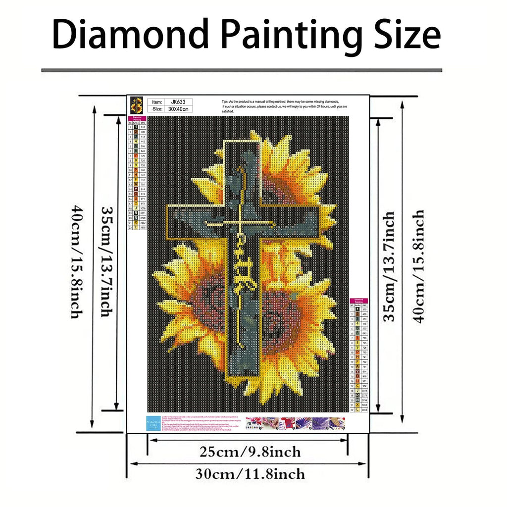 Diamond painting kit with a cross and sunflowers design, showing size dimensions in cm and inches.