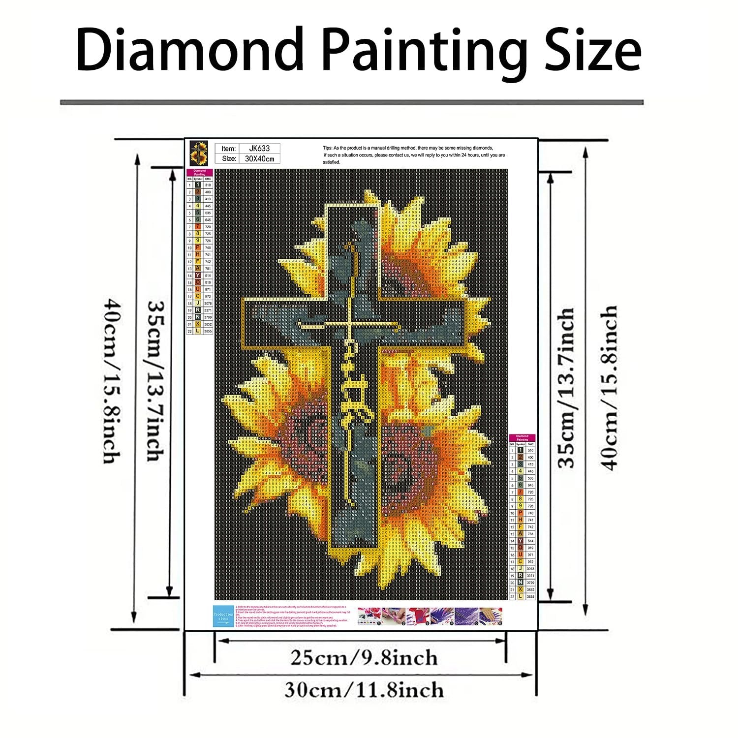 Diamond painting kit with a cross and sunflowers design, showing size dimensions in cm and inches.