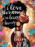Diamond painting kit canvas featuring an abstract black woman with text overlay, surrounded by colorful butterflies and abstract shapes.