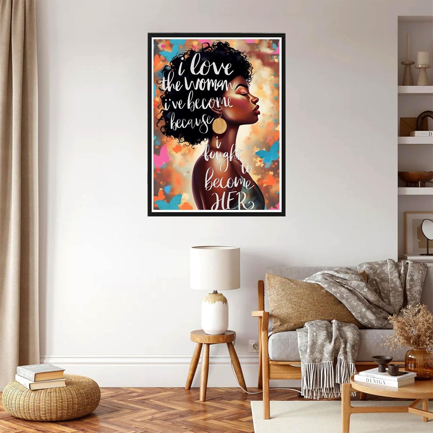 Diamond painting kit featuring an abstract black woman with text overlay, displayed in a framed art piece on a wall.