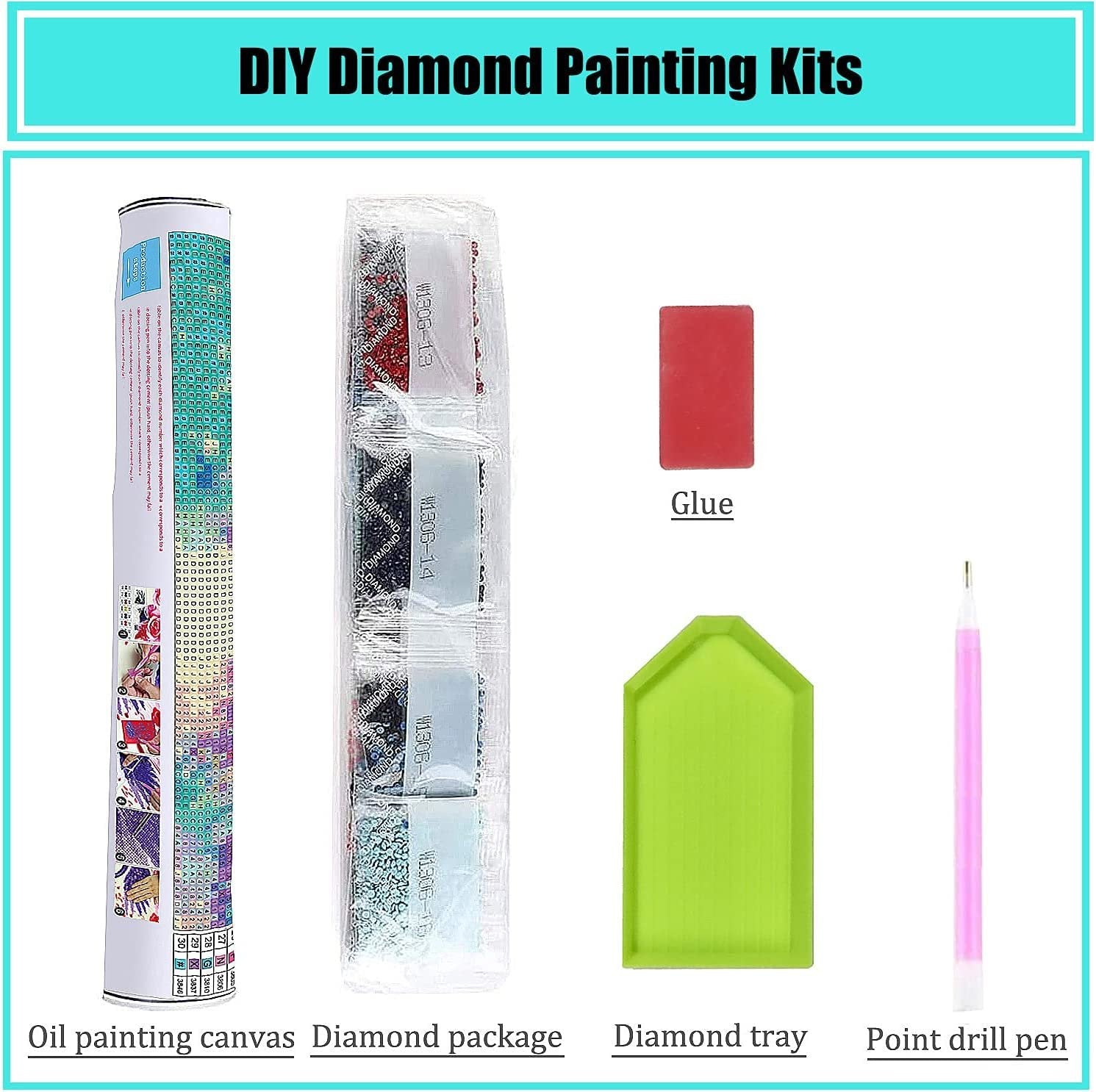 Diamond painting kit contents including canvas, diamond packages, glue, tray, and drill pen.