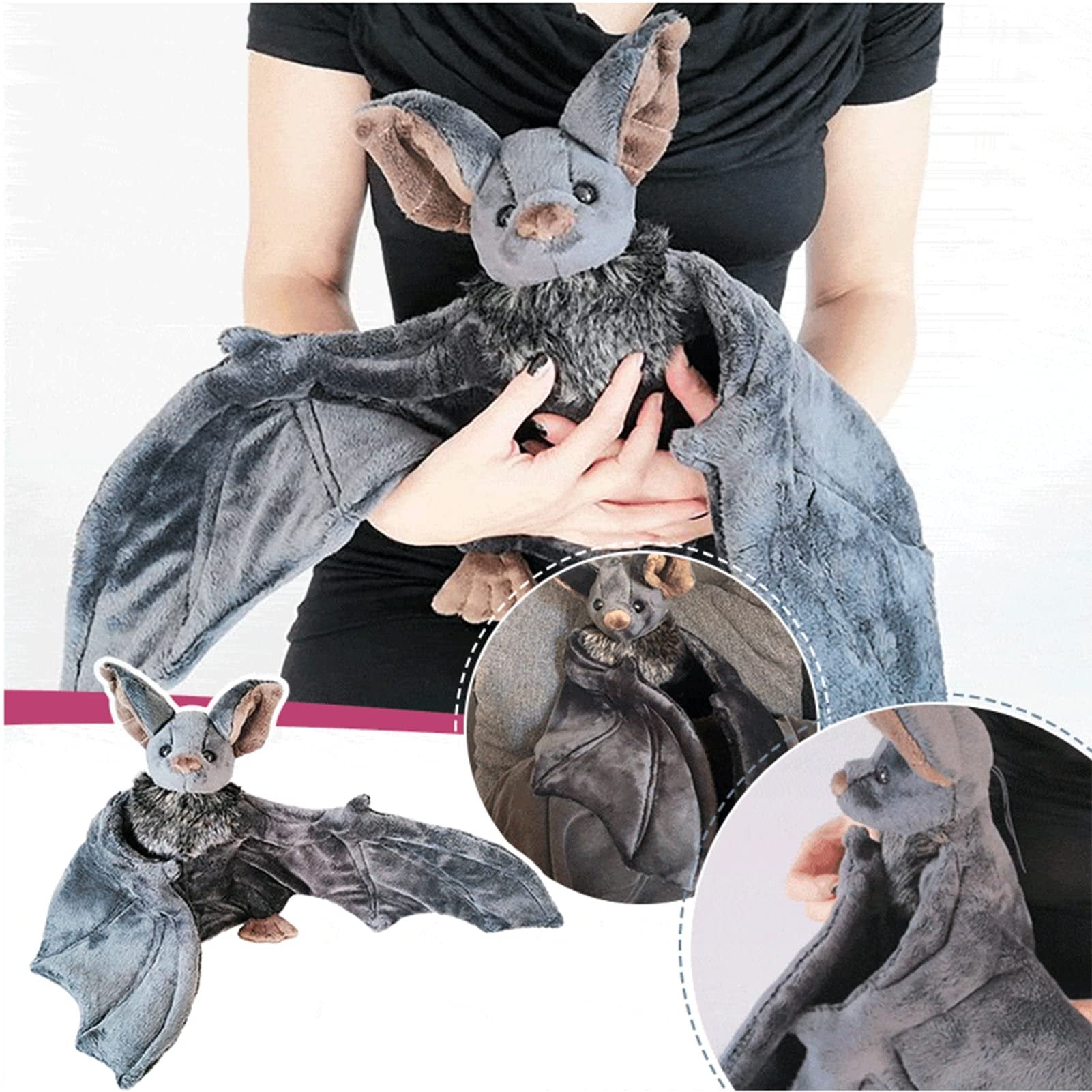 Plush bat stuffed animal with large wings held by a person, shown in multiple close-up views.