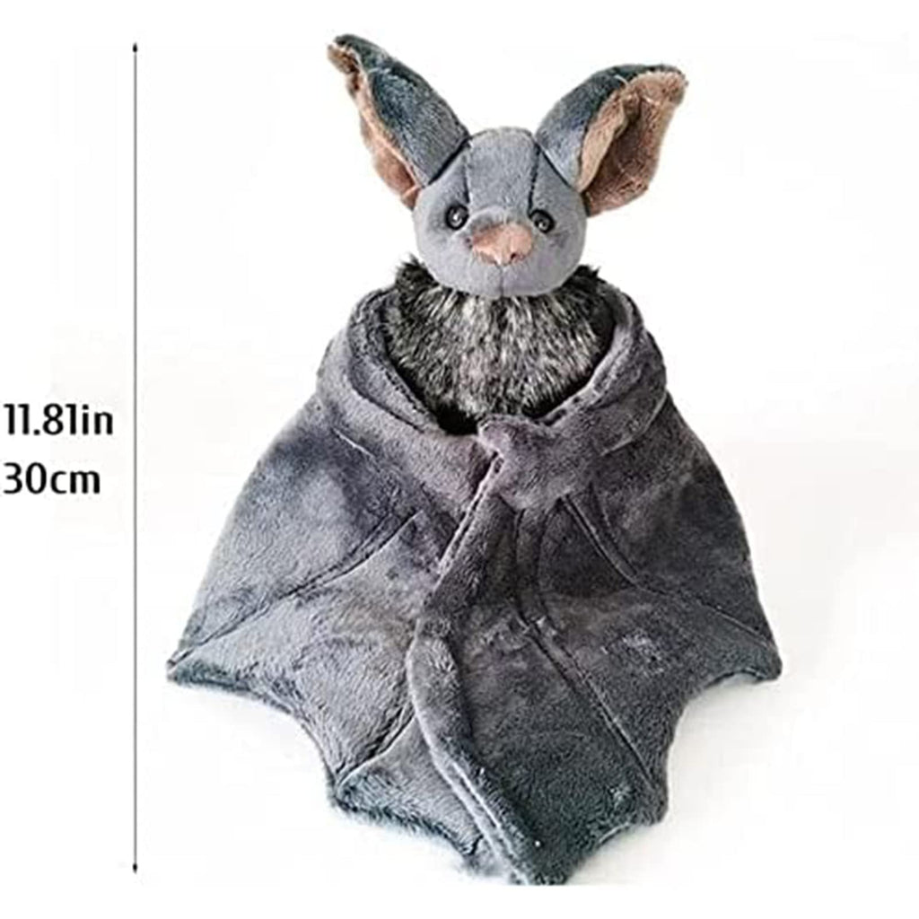 Plush bat stuffed animal with large ears and wings spread, shown against a white background with height measurement.