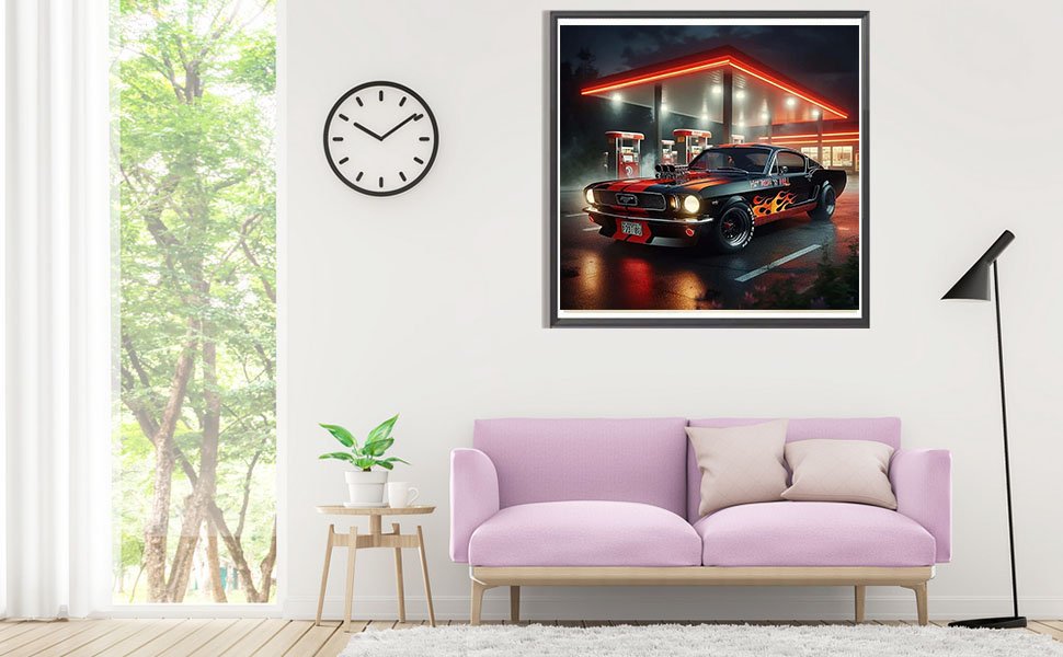 Framed artwork of a classic sports car with flames on the side at a gas station at night