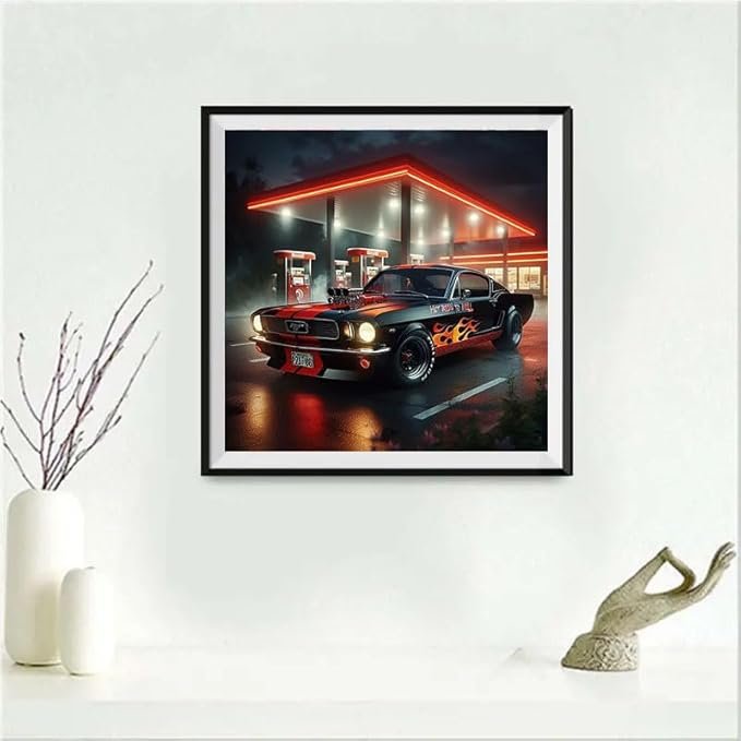 Diamond painting kit featuring a classic sports car with flames at a gas station at night.