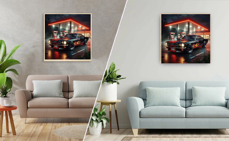 Diamond painting of a classic sports car with flames at a gas station, displayed in a living room setting.