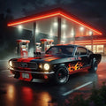 Customized black sports car with red racing stripes and flame decals parked at a gas station at night.