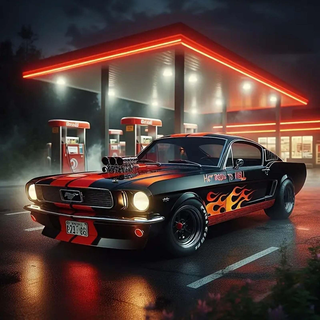 Classic sports car with flames and racing stripes parked at a gas station at night