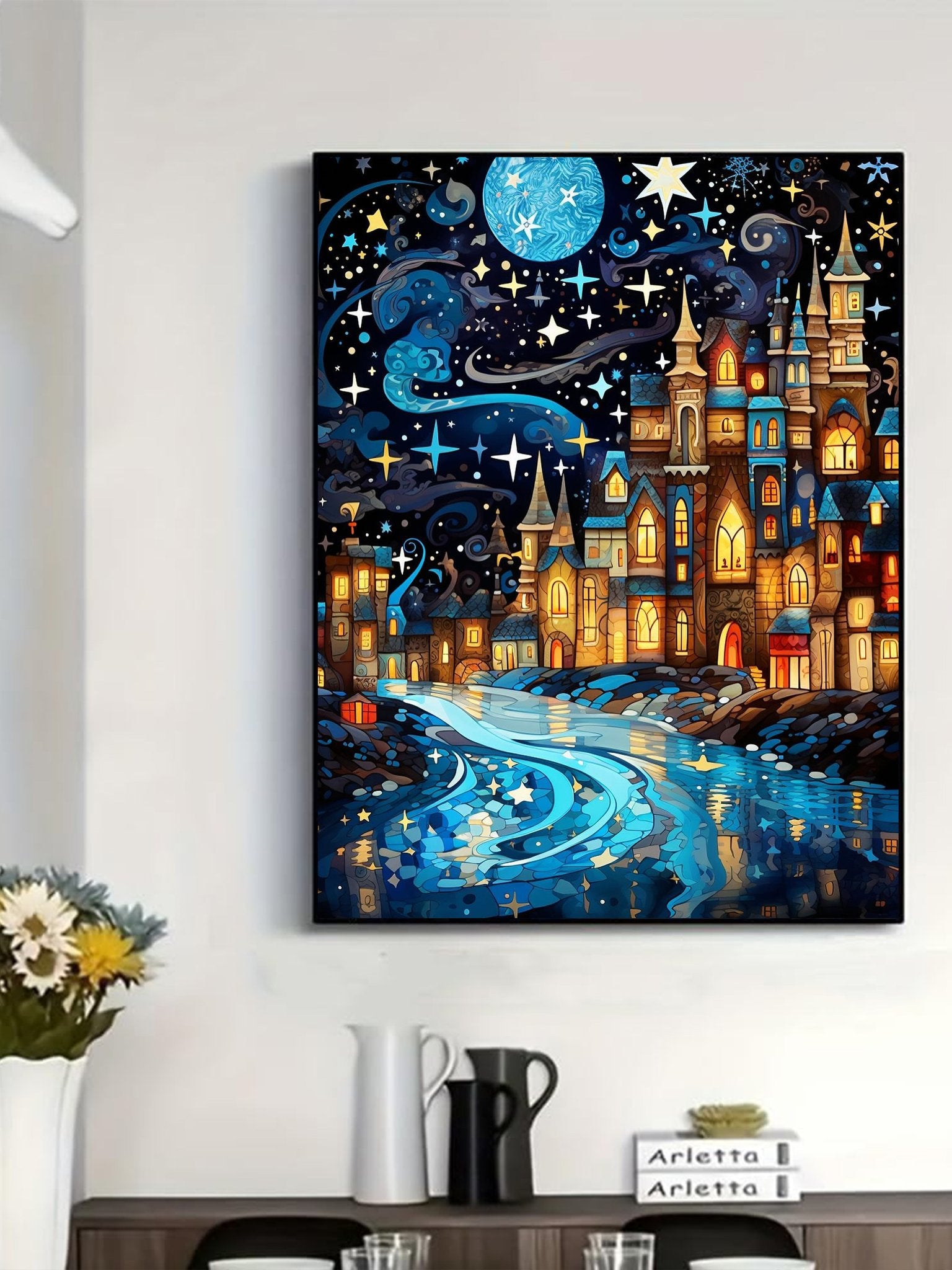 5D diamond painting kit of a starry night castle with a river reflecting the lights and moon.