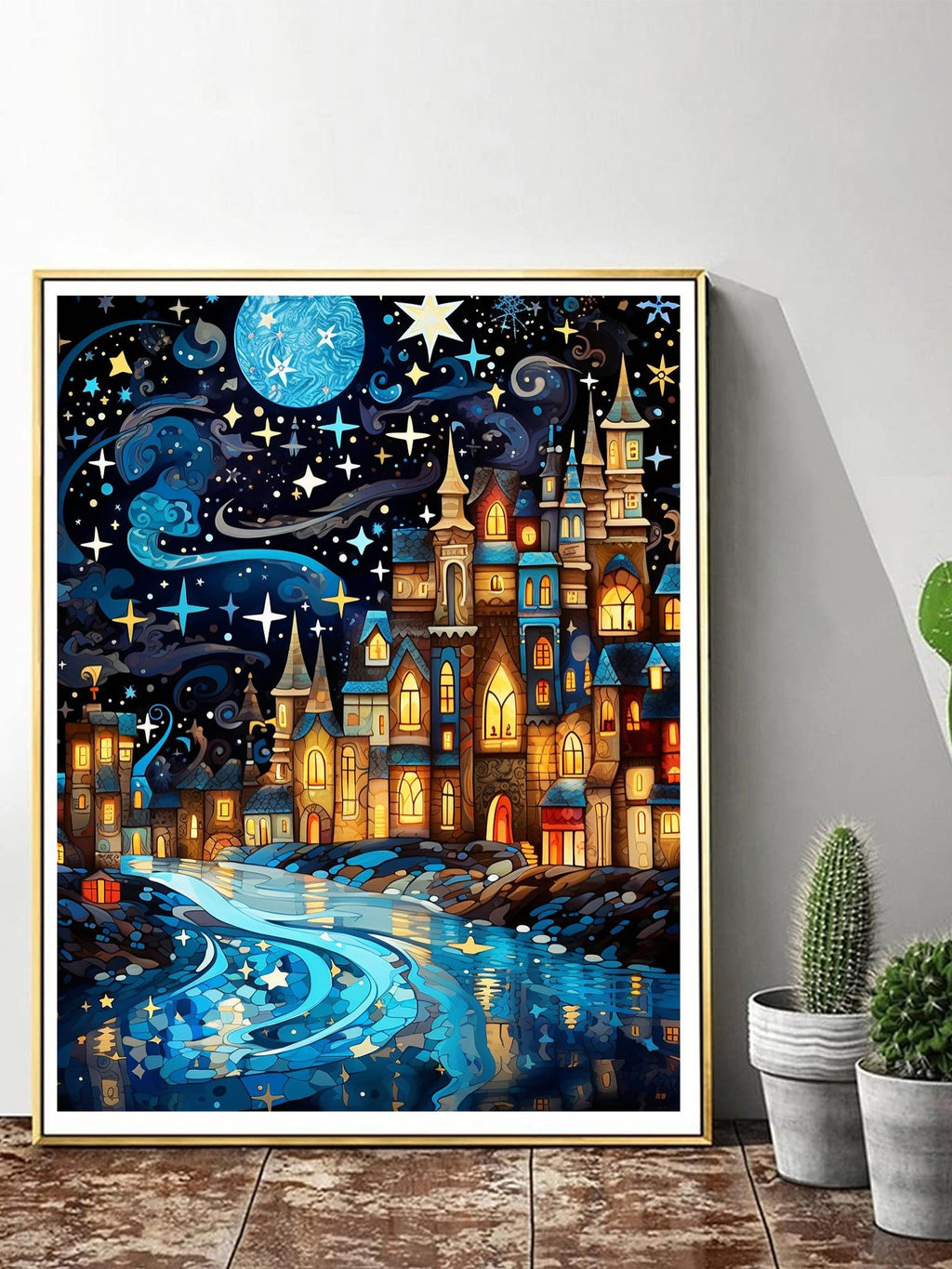 Diamond painting of a whimsical starry night scene with a glowing moon and a fantasy castle by a reflective river.