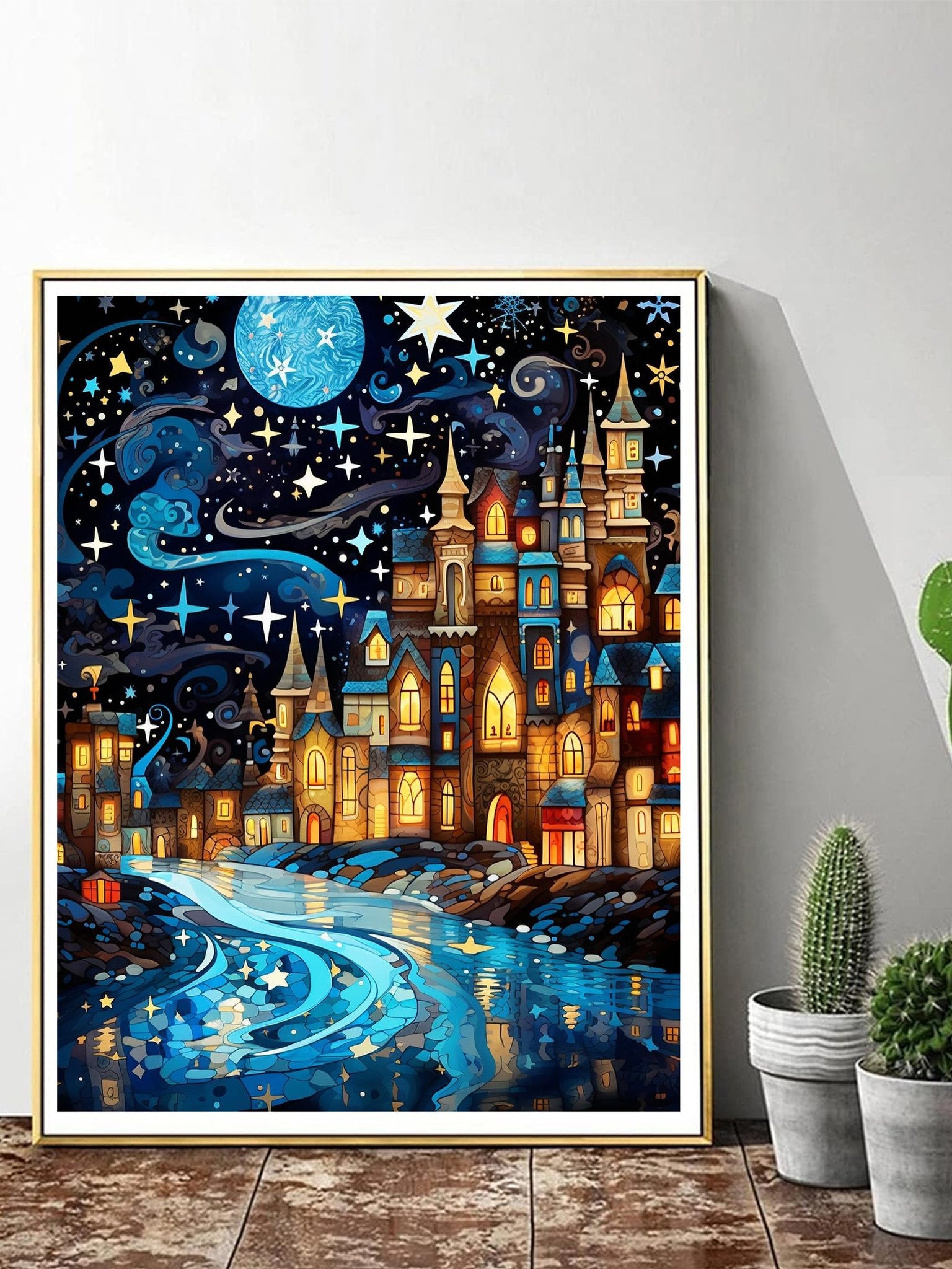 Diamond painting of a whimsical starry night scene with a glowing moon and a fantasy castle by a reflective river.