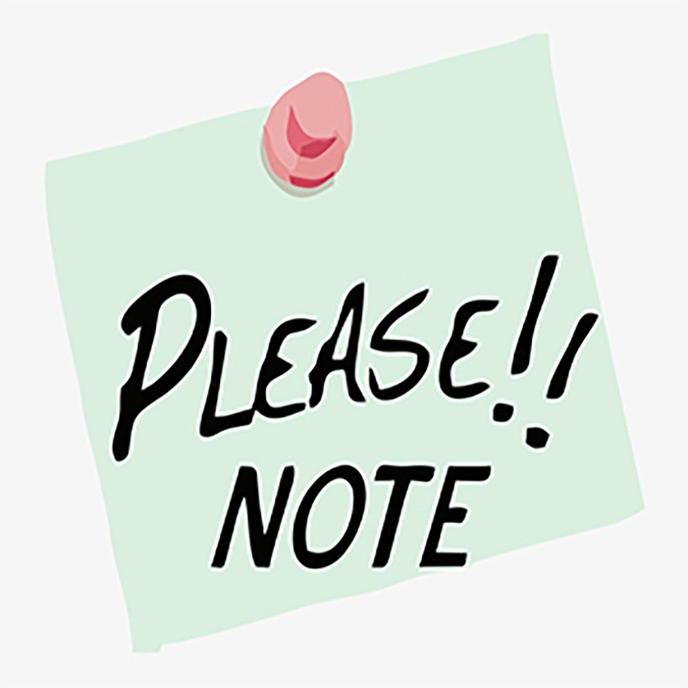 Light green sticky note with pink pushpin, reads 'PLEASE!! NOTE' in black handwritten font.
