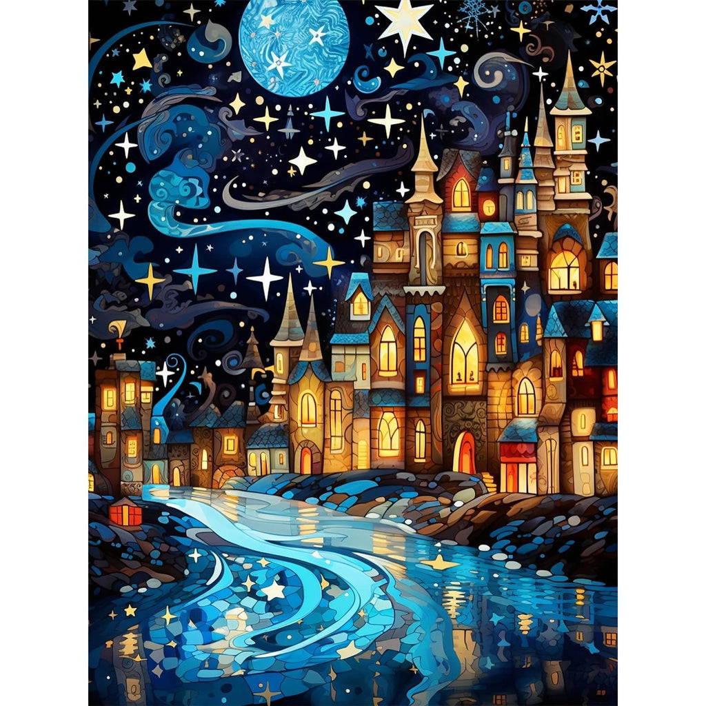5D diamond painting kit featuring a whimsical starry night scene with a glowing moon and a fantastical castle by a reflective river.