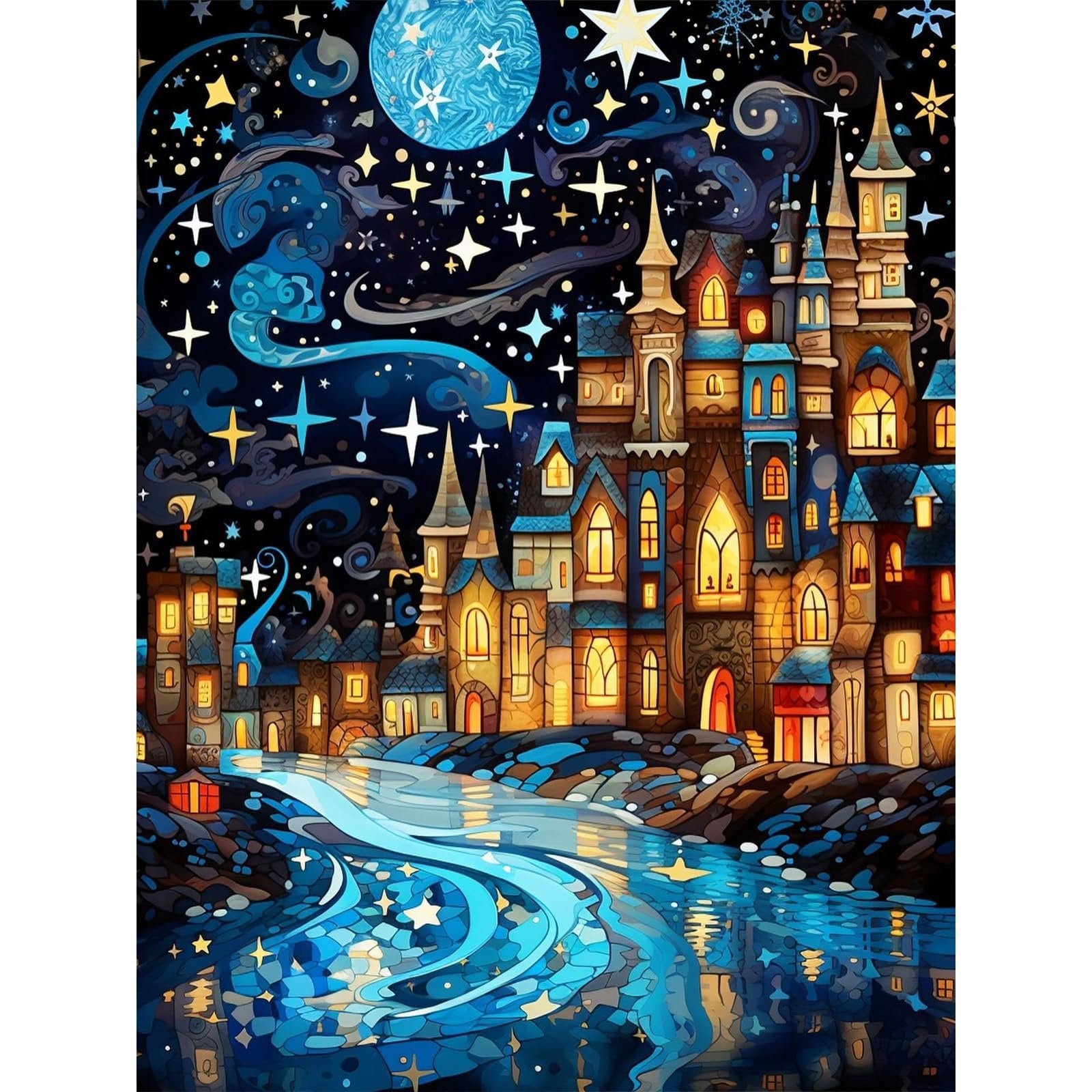 5D diamond painting kit featuring a whimsical starry night scene with a glowing moon and a fantastical castle by a reflective river.