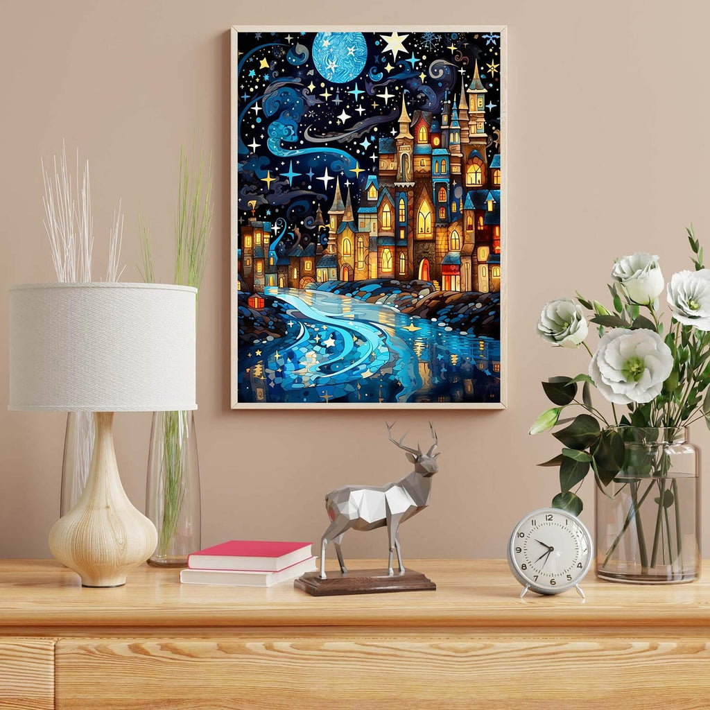 Diamond painting kit of a starry night castle scene with a river, displayed on a wall.