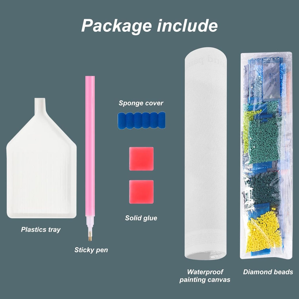 Diamond painting kit contents including plastics tray, sticky pen, sponge cover, solid glue, waterproof canvas, and diamond beads.