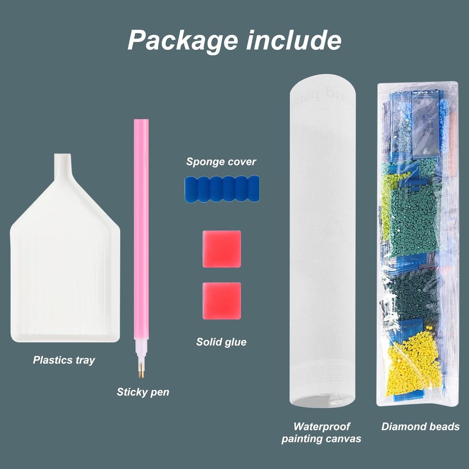 Diamond painting kit contents including plastics tray, sticky pen, sponge cover, solid glue, waterproof canvas, and diamond beads.