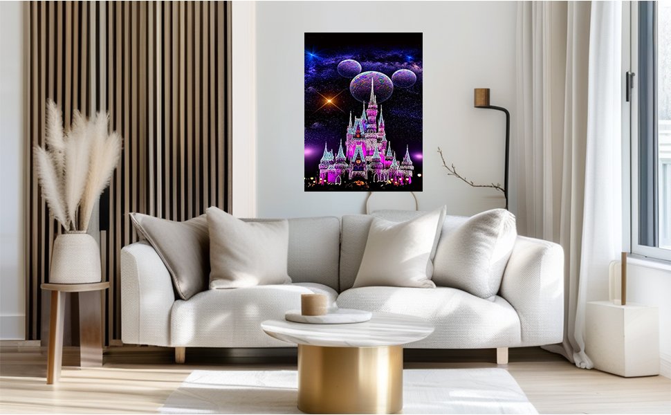 Diamond art painting of a starry castle with planets in a galaxy setting, displayed on a wall above a sofa.