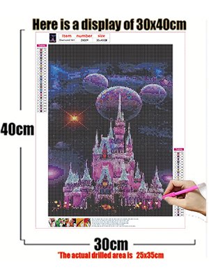 Diamond art painting kit showing a pink castle with purple, Mickey Mouse-shaped balloons in a starry sky, with dimensions indicated.