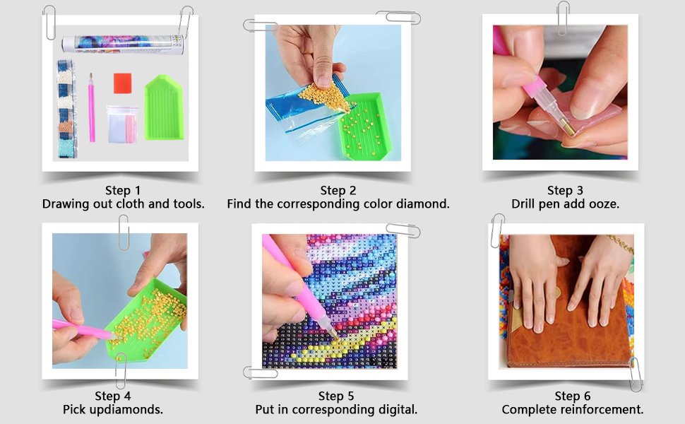 Diamond art kit instructions showing 6 steps: gathering tools, sorting diamonds, using pen, picking diamonds, placing diamonds, and reinforcing.